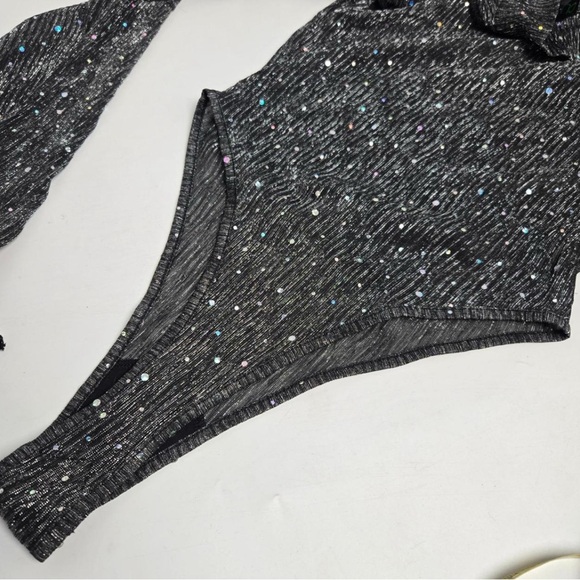 Dolls Kill CLUB EXX Black Sparkle Cold Sheer Shoulder Bell Sleeve Bodysuit - Picture 2 of 3